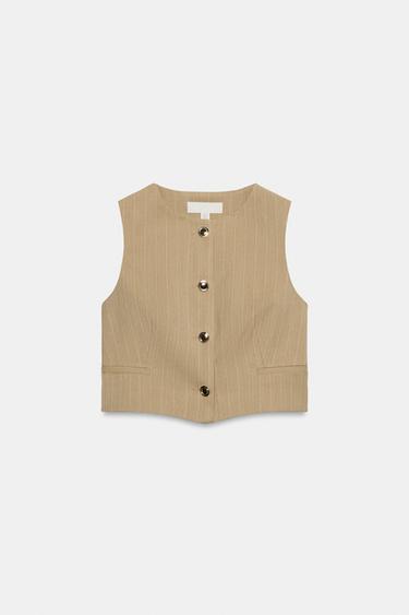 CHALECO CROP RAYAS - Camel oscuro de Zara - Imagen 0