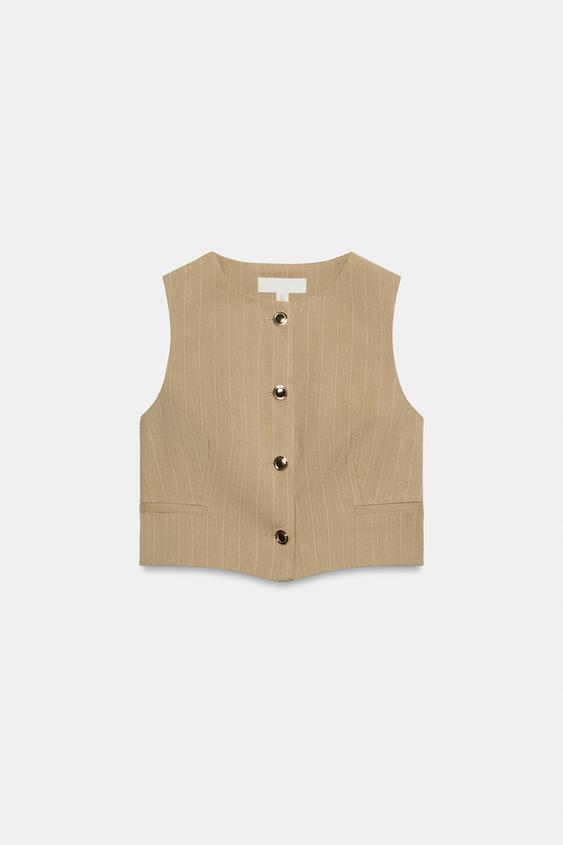 STRIPED CROP WAISTCOAT - Dark camel by Zara - Image 0