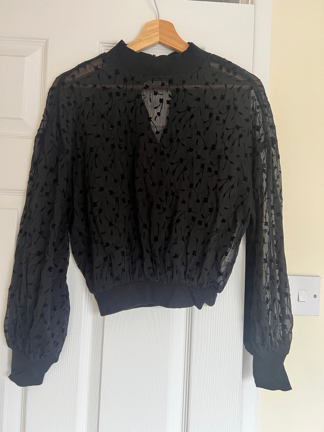 Semi-sheer black blouse with an embossed floral design and voluminous long sleeves, hanging on a wooden hanger in front of a white door.