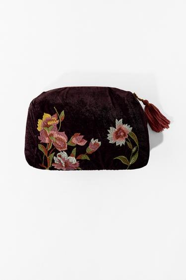 QUILTED VELVET TOILETRY BAG WITH EMBROIDERED FLOWERS - Dark aubergine by Zara
