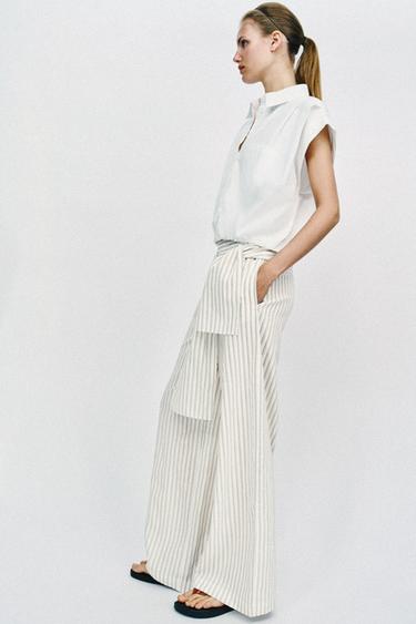 WIDE-LEG TROUSERS WITH SCARF DETAIL - Ecru / Brown by Zara - Image 4