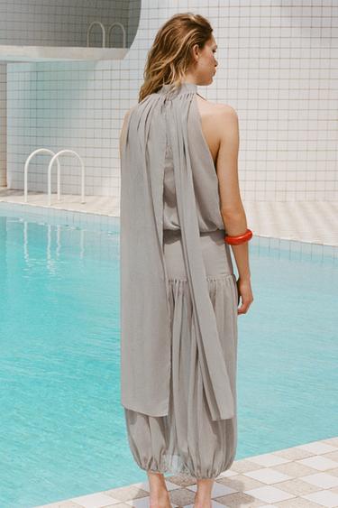 CHIFFON BODYSUIT WITH TIE - Pearl grey by Zara
