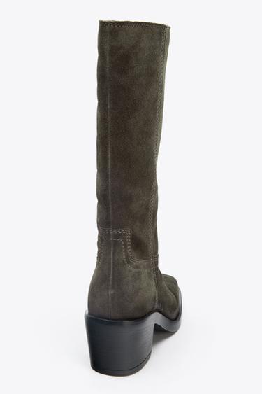 BOTTES EN CROÛTE DE CUIR À SURPIQÛRES - Vert kaki de Zara - Image 4