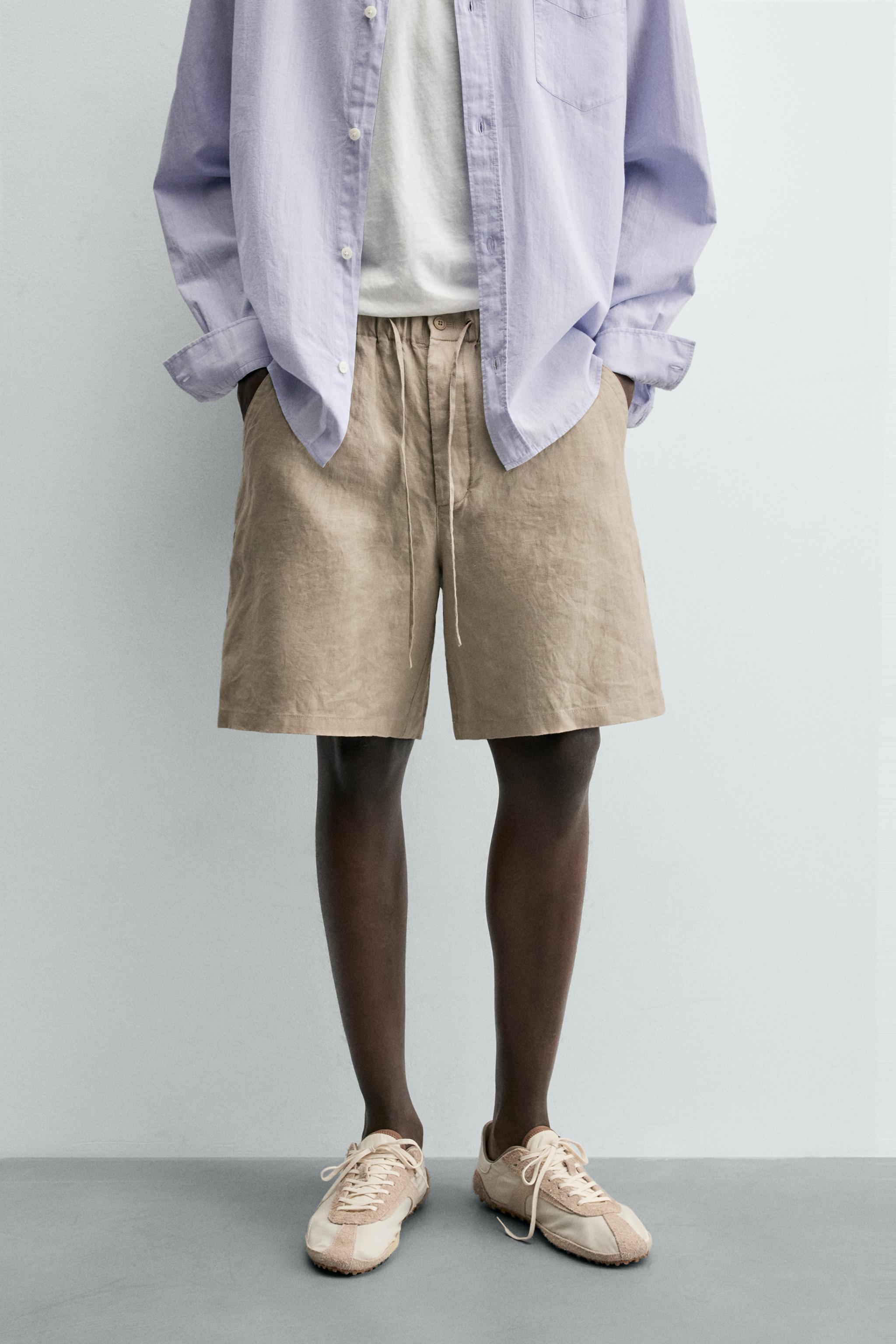 100% LINEN RELAXED FIT SHORTS — Taupe gray