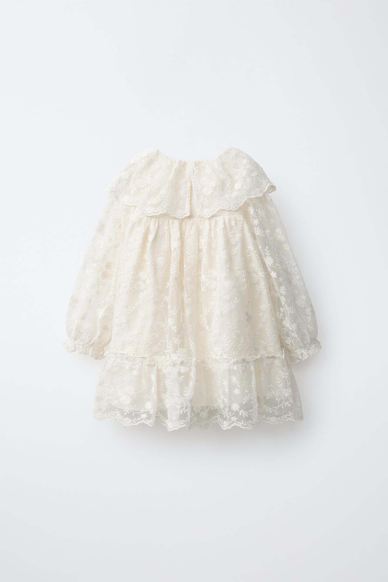 EMBROIDERED FLOWER TULLE DRESS — Ecru