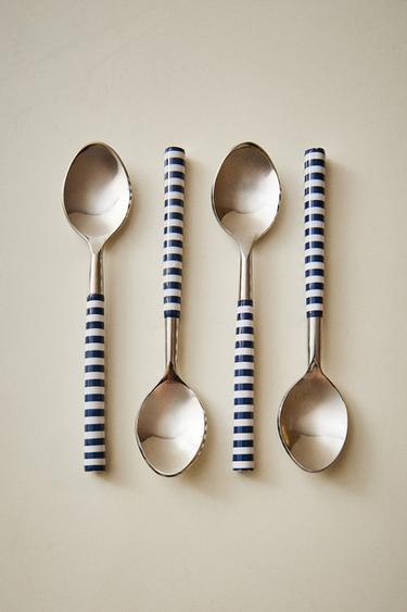 Zara SET OF DESSERT SPOONS WITH STRIPED HANDLES (SET OF 4) - Blue / White