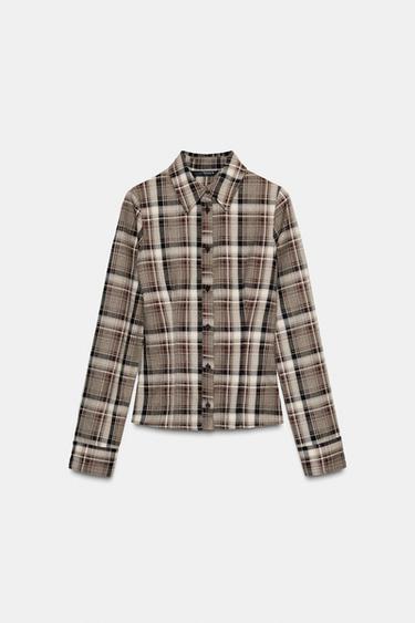 Zara FITTED PLAID SHIRT - Khaki
