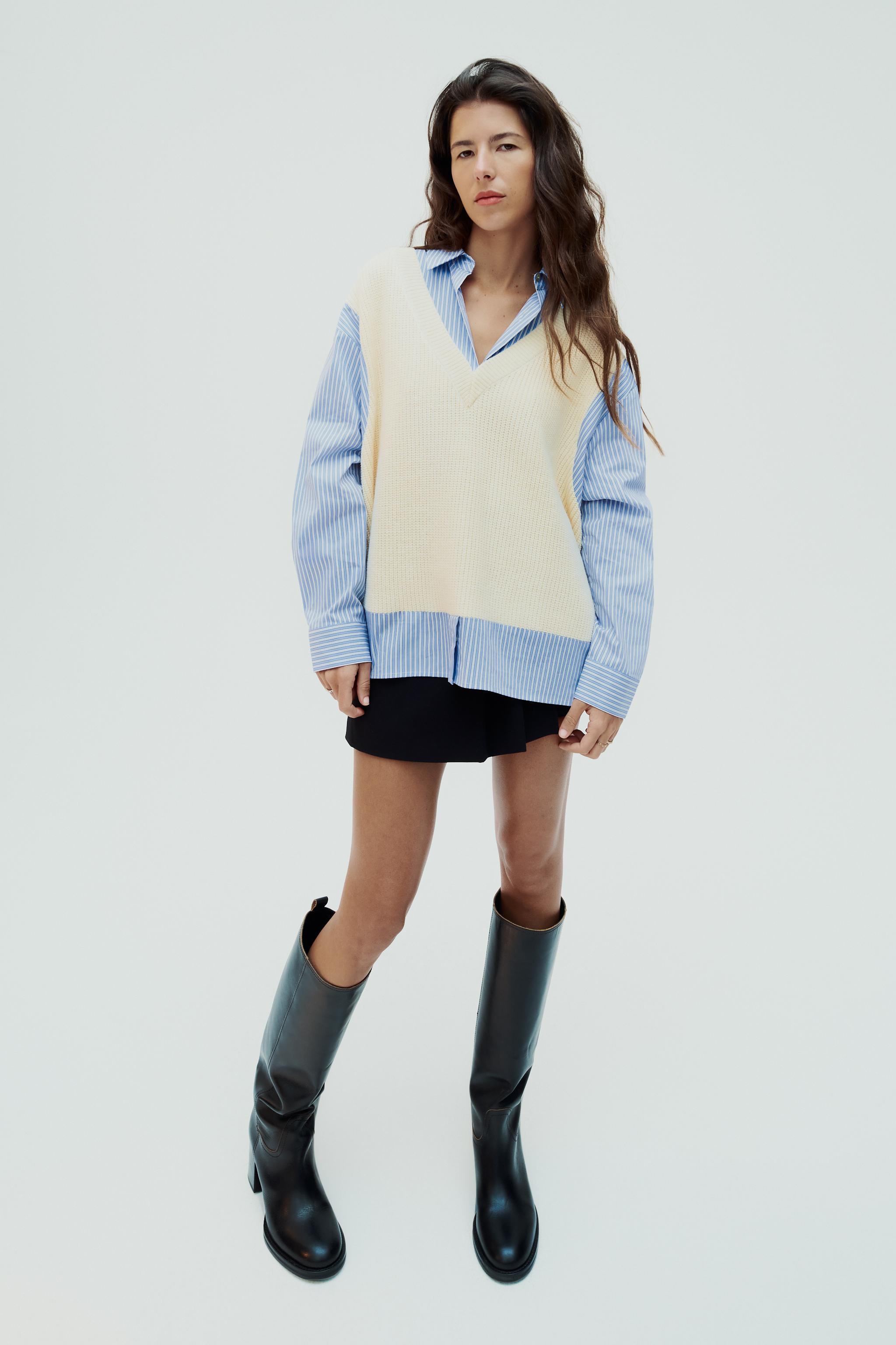 CONTRAST SHIRT SWEATER - Ecru / Blue | ZARA UAE - Dubai/Sharjah 