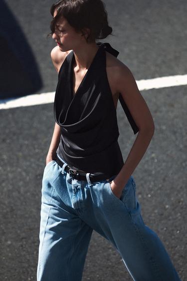 SATIN HALTER TOP - Black by Zara