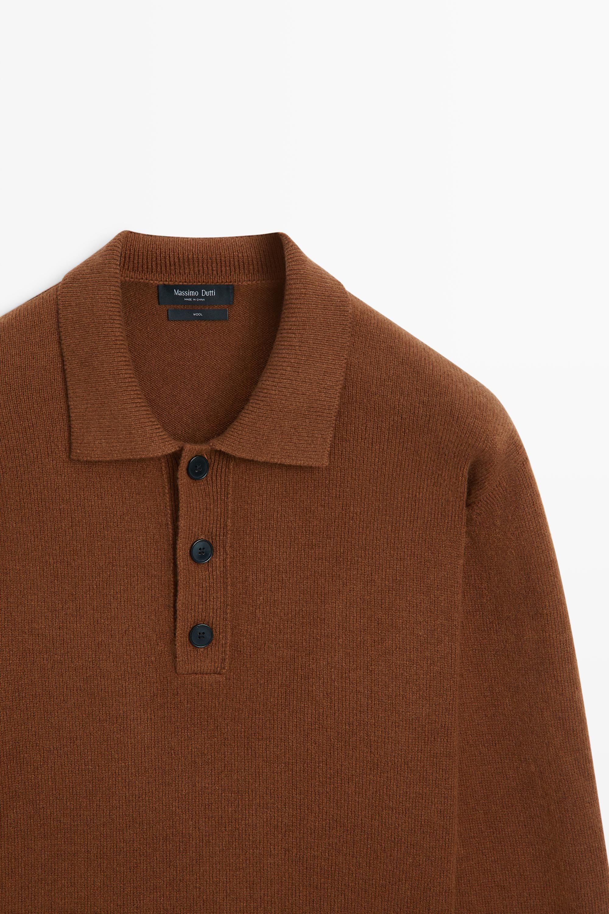 100% wool knit polo sweater with button detail