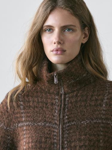 Zara Check knit alpaca and felt texture cardigan - Brown - Image 0