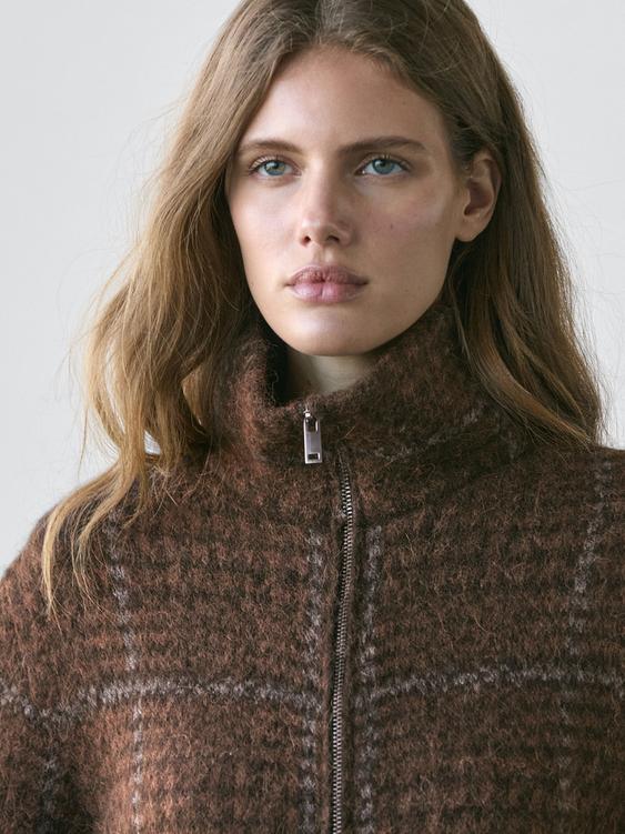 Check knit alpaca and felt texture cardigan