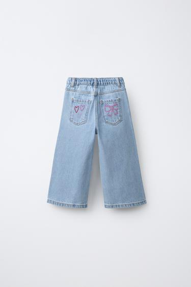 Zara EMBROIDERED WIDE LEG JEANS - Blue
