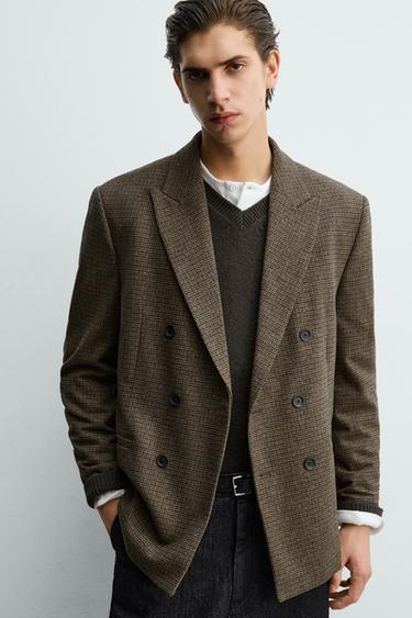 WOOL BLEND CHECK DOUBLE-BREASTED BLAZER - Brown by Zara - Image 5