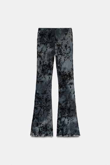 Zara FLOCKED TULLE FLARE PANTS - Dark navy