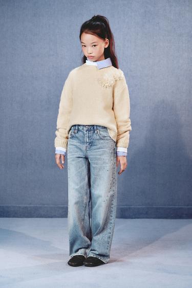 Zara KNIT ORGANZA FLORAL SWEATER - Ecru
