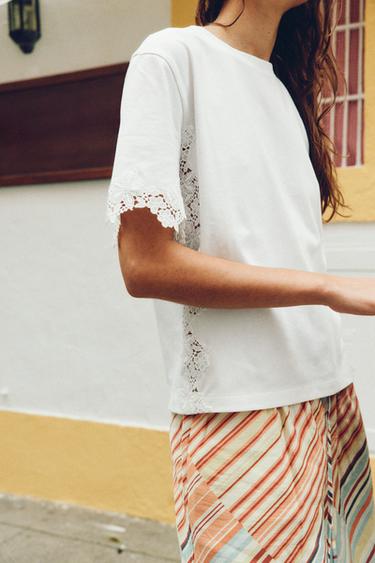 CAMISETA MANGA CORTA ENCAJE - Blanco de Zara