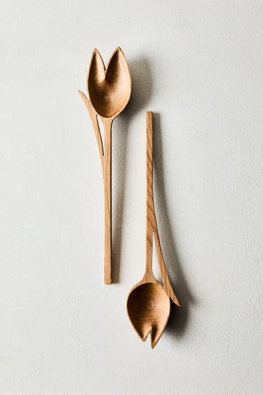 SET OF WOODEN TULIP-SHAPED SALAD CUTLERY (SET OF 2) - Brown by Zara - Image 5