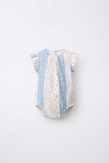 Zara FLORAL PATCHWORK BODYSUIT - Blue / White