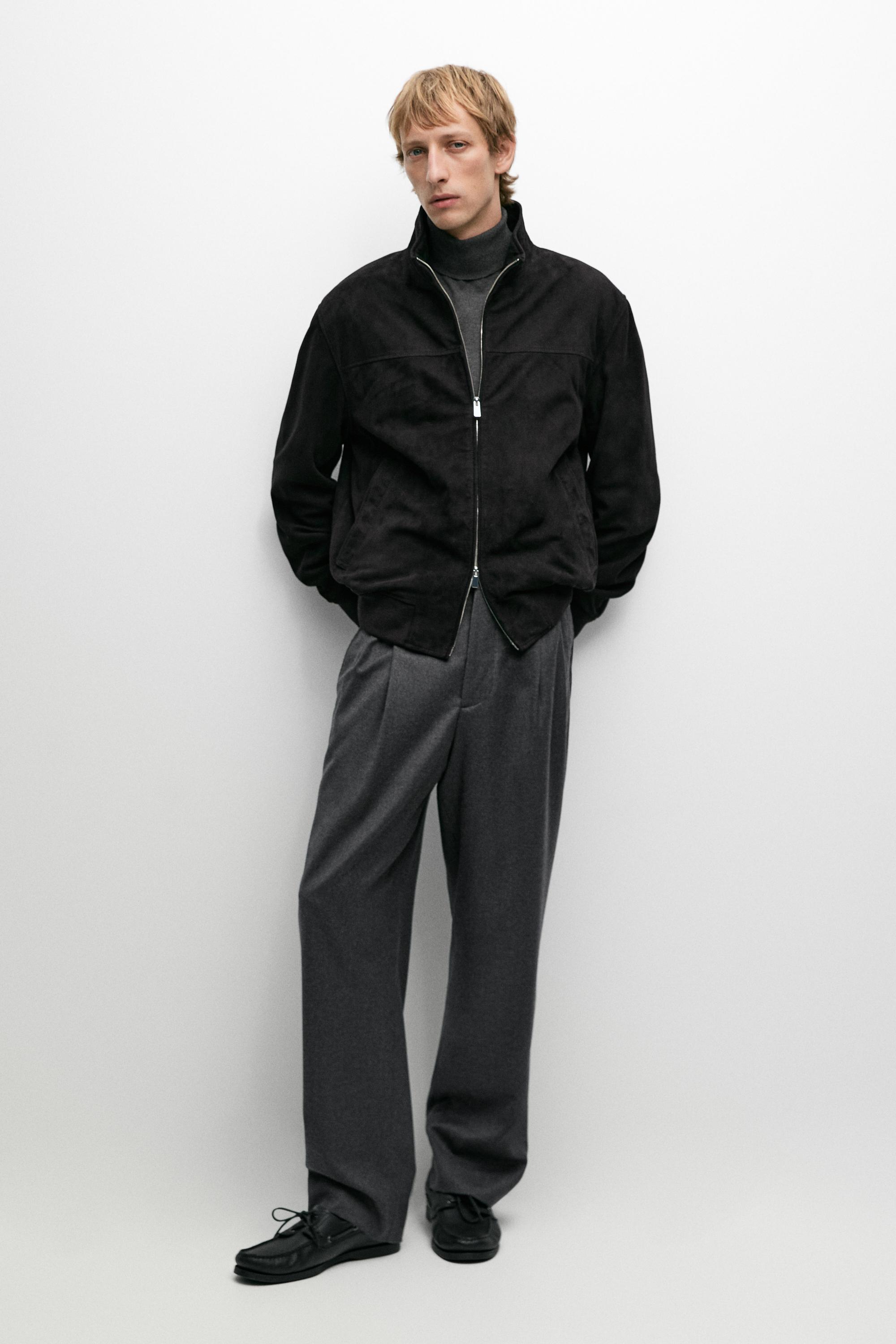 Blouson bomber en cuir et daim
