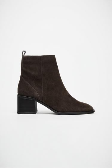 BOTIM DE PELE DE CROUTE COM TACÃO LARGO - Castanho da Zara