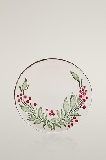 Zara CHRISTMAS GARLAND GLASS SIDE PLATE - Green
