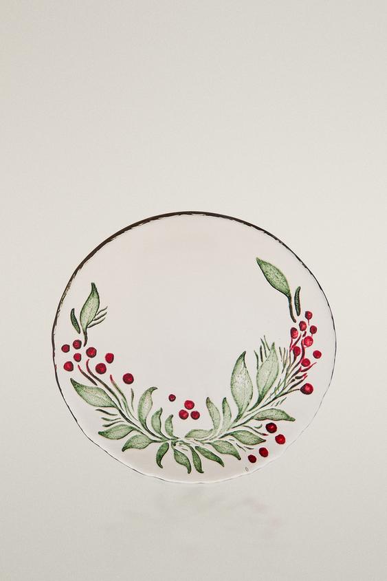 Zara CHRISTMAS GARLAND GLASS SIDE PLATE - Green - Image 0