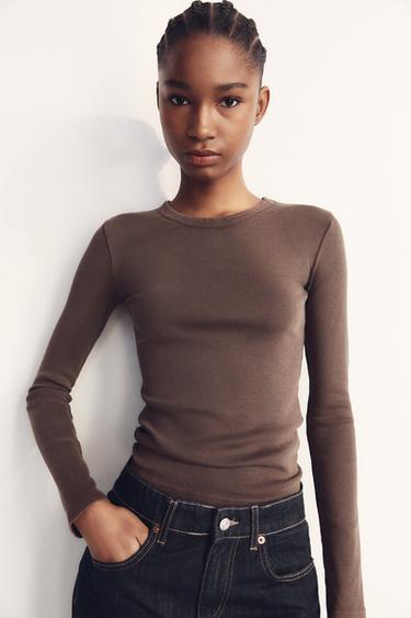 Zara WASHED EFFECT RIBBED LONG SLEEVE T-SHIRT - Brown