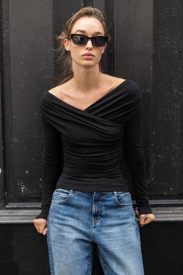 DRAPED SURPLICE NECKLINE TOP - Black by Zara