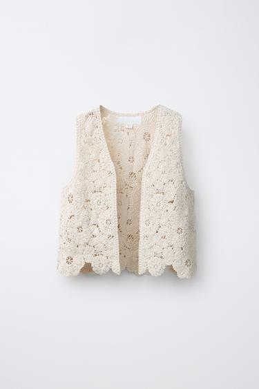 Zara BEADED CROCHET KNIT VEST - Ecru - Image 0
