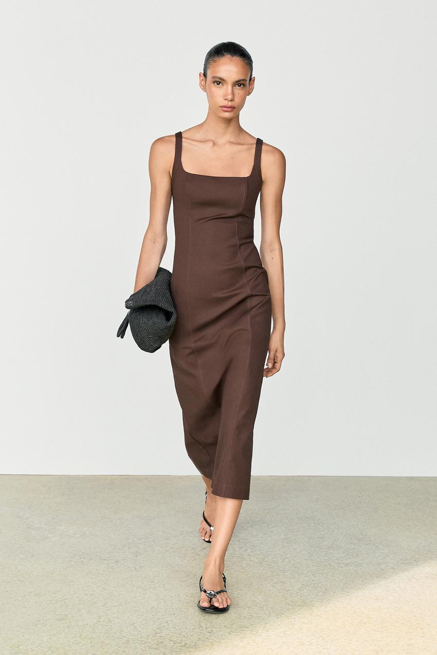 midi brown dress Off Track | Bodycon With Sheer Sleeves Do Not Bleach Cotton blend strappy midi dress