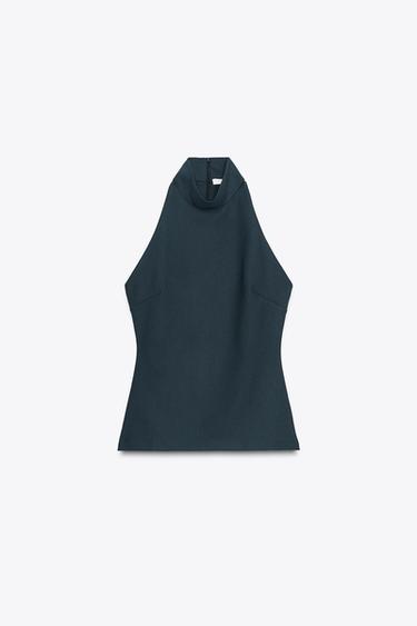 Zara CREPE HALTER TOP - Petrol blue