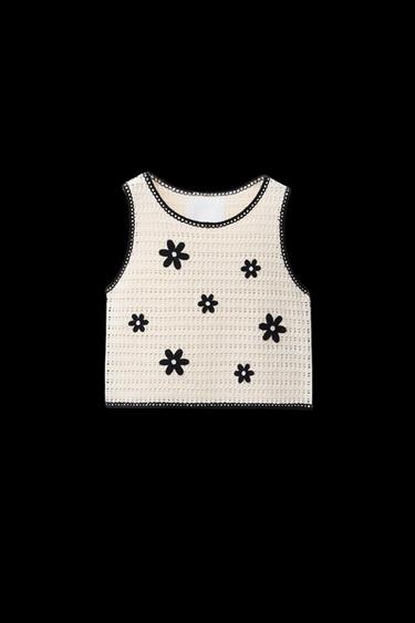 Zara FLORAL CROCHET KNIT TOP - Ecru