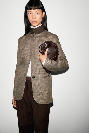 Checked blazer with contrast collar — Brown 1