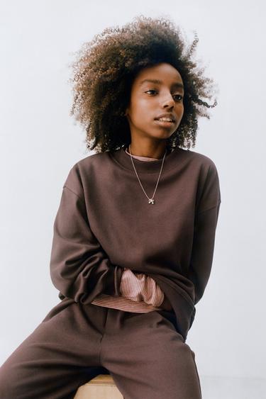 Zara INTERLOCK SWEATSHIRT AND WIDE LEG PANTS SET - Brown