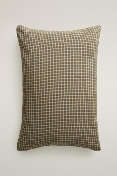 CHECKED LINEN CUSHION COVER — Green / Blue 2