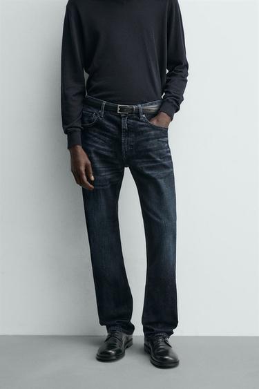FLOCKED STRAIGHT-LEG JEANS - Navy blue by Zara