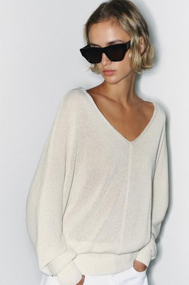 Zara V-NECK KNIT JUMPER - Ecru