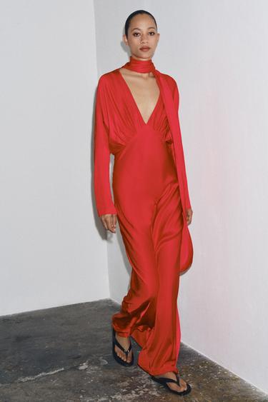SATIN DRESS WITH BATWING SLEEVES AND SCARF - Red by Zara