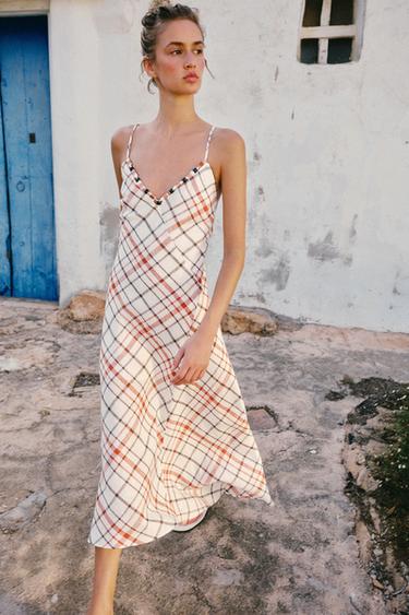 CHECK LINEN BLEND MIDI DRESS - Multicoloured by Zara