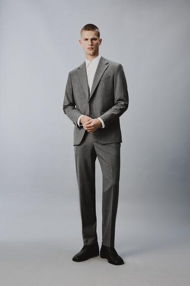 Zara 羊毛細條紋西裝外套 - 灰色