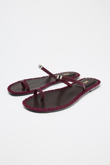 BEADED TOPSTITCH SANDALS - Burgundy Red by Zara - Image 1