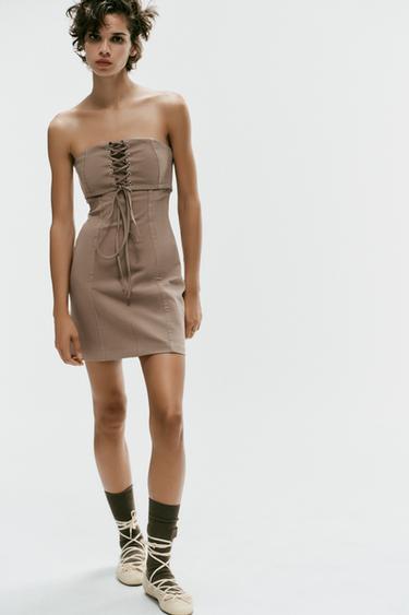 VESTIDO MINI PALABRA DE HONOR TIRAS - Tostado de Zara - Imagen 0