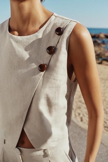 TOP CRUZADO CORTO CON LINO - Beige claro de Zara