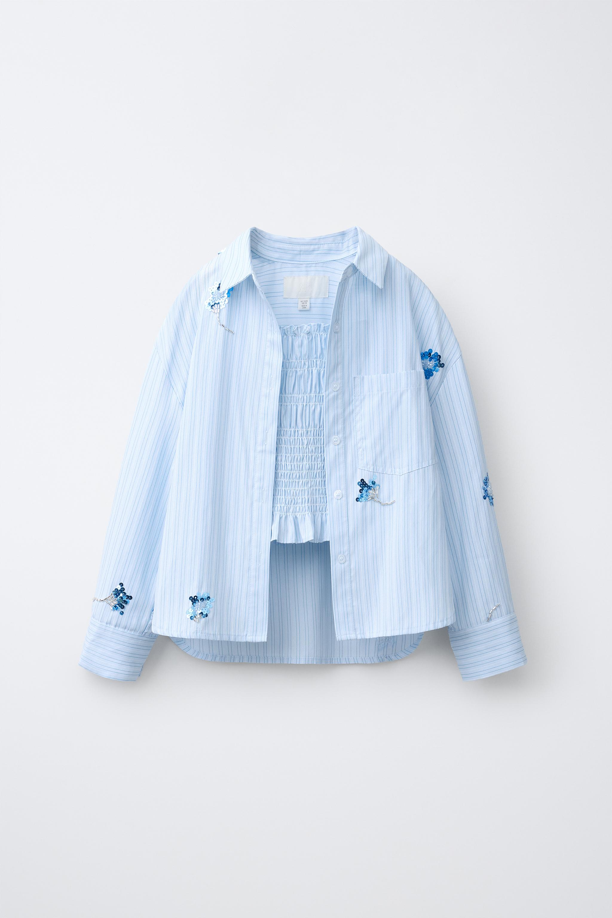 STRIPED FLORAL SEQUIN SHIRT AND TOP - Blue | ZARA United States