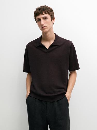 Zara Linen V-neck polo sweater - Burgundy