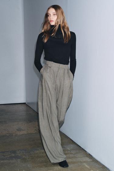 Zara PLAID PLEATED PANTS ZW COLLECTION - Beige
