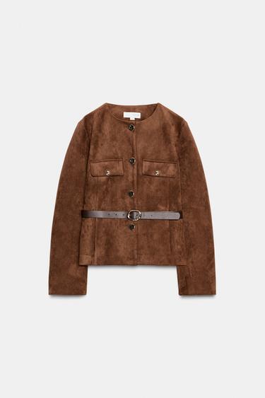 FAUX SUEDE BLAZER WITH BELT - Caramel by Zara