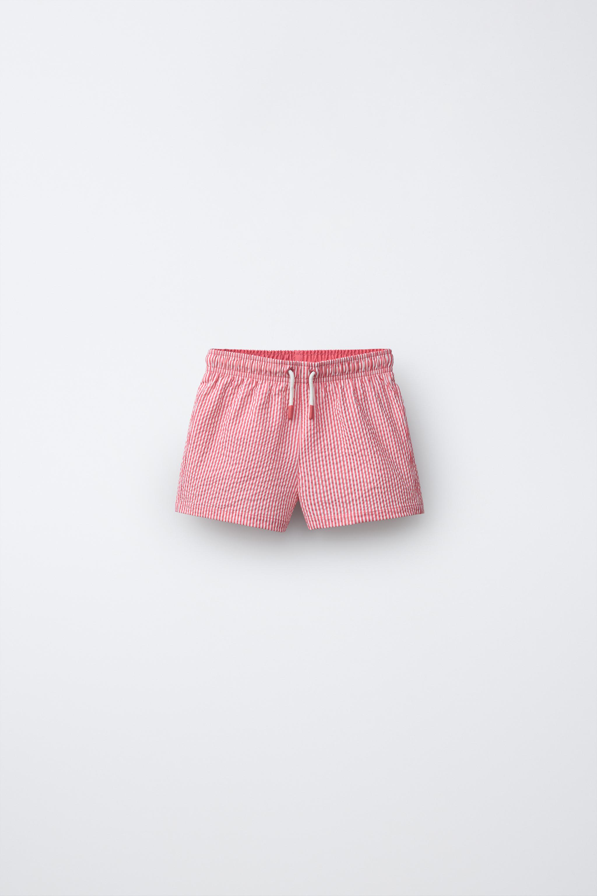 1-6 YEARS/ STRIPED SEERSUCKER SWIM SHORTS — Coral