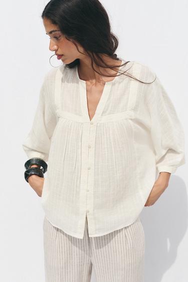 WIDE SLEEVE EMBROIDERED BLOUSE - Oyster-white by Zara